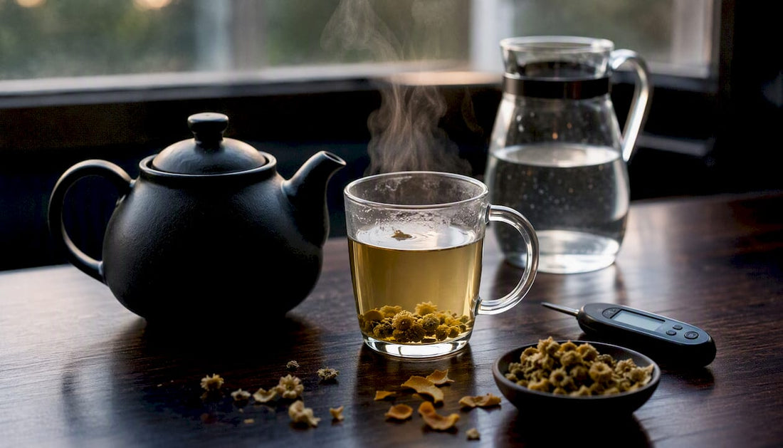 Tea brewing with thermometer and ceramic teapot